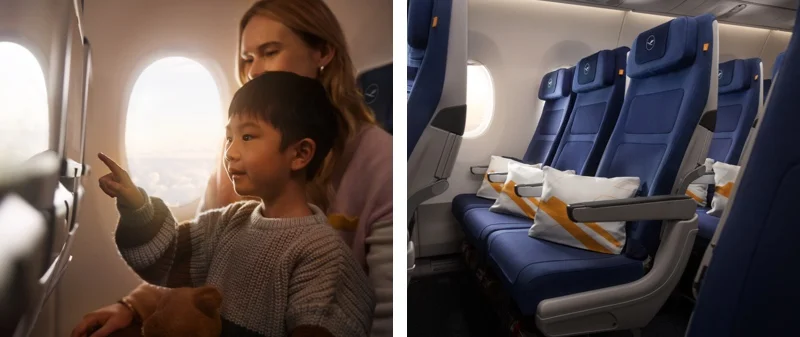 A young boy enjoys the onboard entertainment. Right: Rows of empty seats just before boarding.