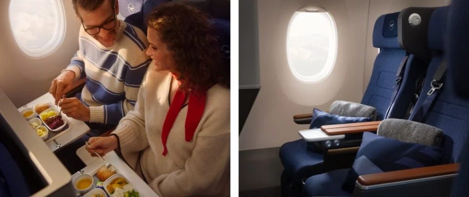 Breakfast in Premium Economy. Right: Rays of sunlight warming two empty seats.