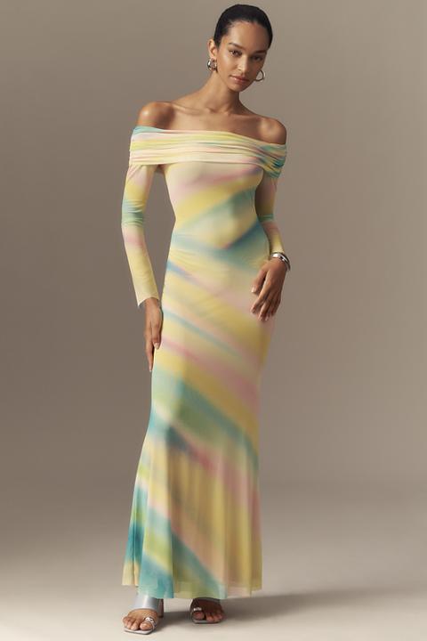 AFRM Long-Sleeve Off-The-Shoulder Mesh Maxi Dress