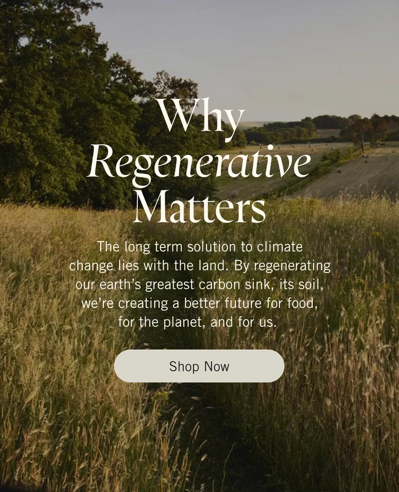 Why Regnerative Matters. The long term solution to climate change lies with the land. By regenerating our earth’s greatest carbon sink, its soil, we’re creating a better future for food, for the planet, and for us. Shop Now.