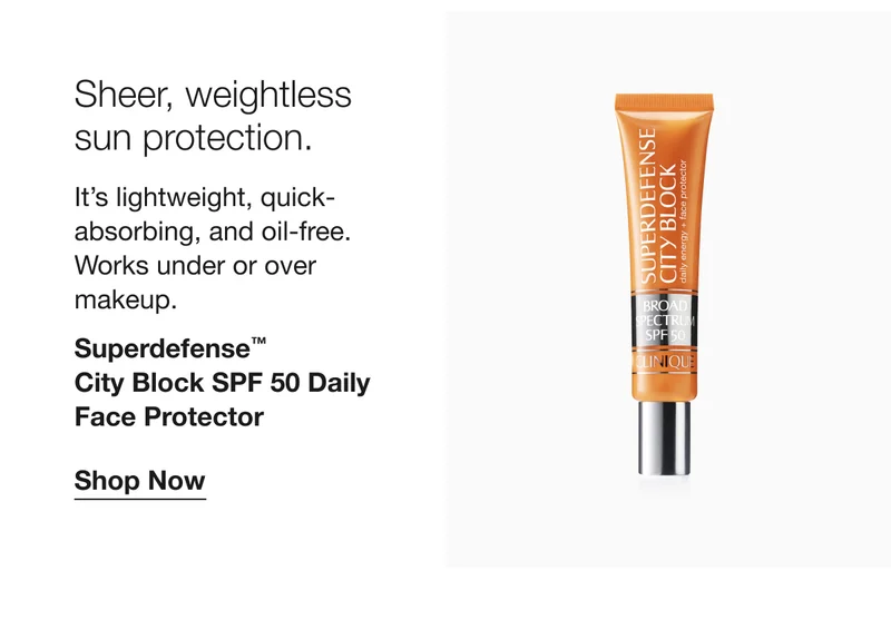 Sheer, weightless sun protection. | It’s lightweight, quick-absorbing, and oil-free. Works under or over makeup. | Superdefense™ City Block SPF 50 Daily Face Protector | Shop Now