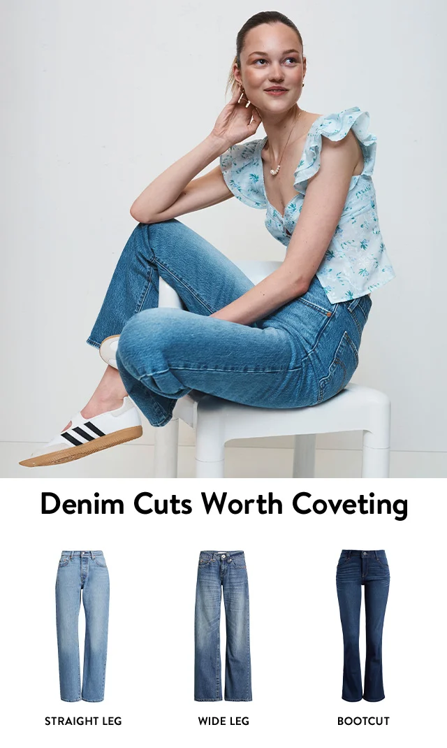 A woman wearing straight-leg jeans with a ruffled top and sneakers. Straight-leg jeans. Wide-leg jeans. Bootcut jeans.