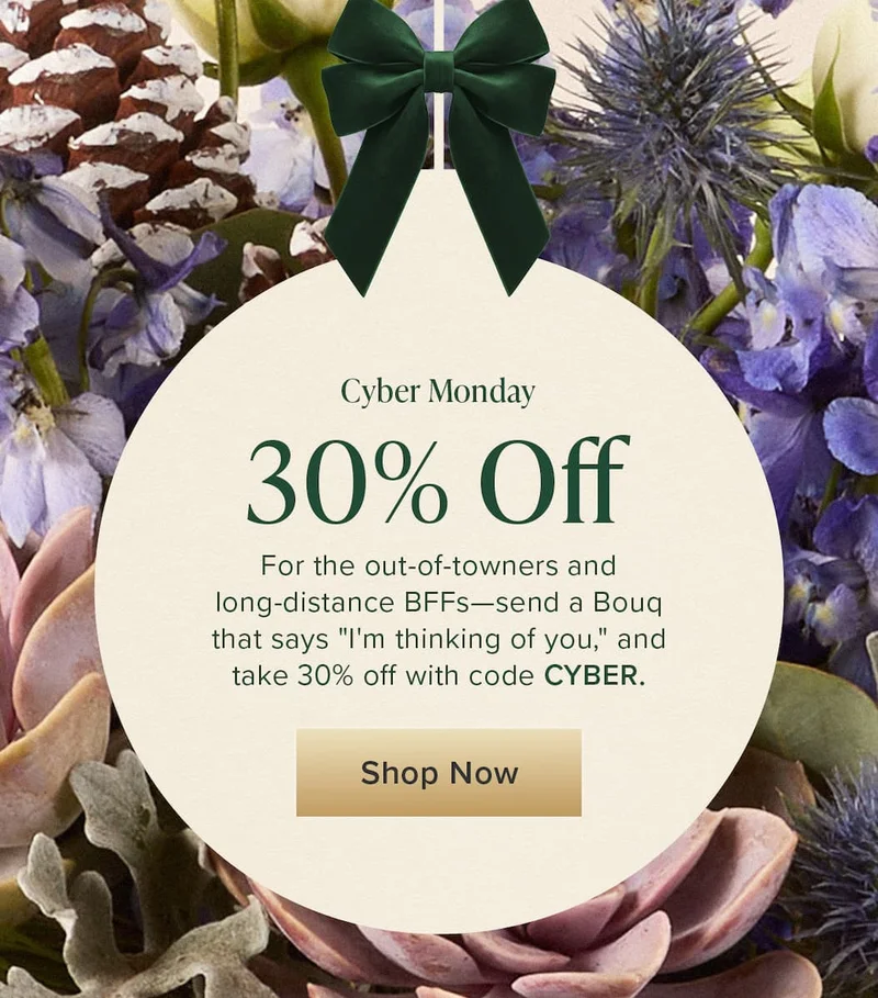 Cyber Monday: 30% Off. For the out-of-towners and long-distance BFFs—send a Bouq that says "I'm thinking of you," and take 30% off with code discount code. Shop Now.