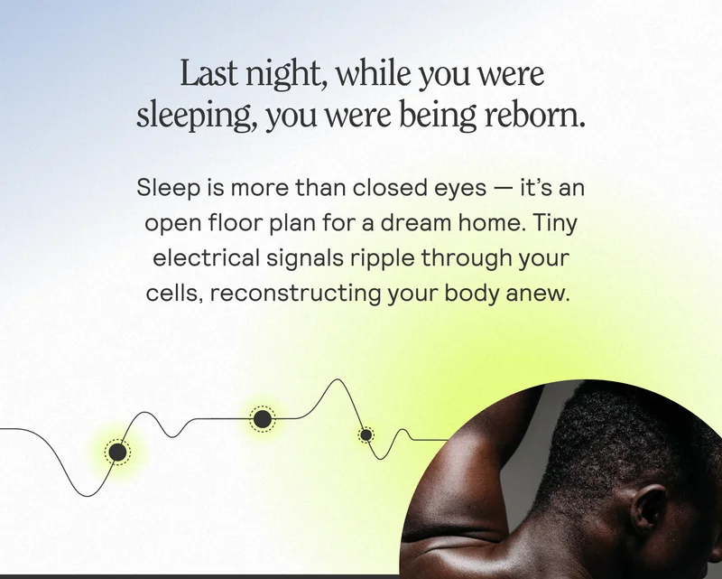 Last night, while you were sleeping, you were being reborn. Sleep is more than closed eyes -- it's an open floor plan for a dream home. Tiny electrical signals ripple through your cells, reconstructing your body anew.