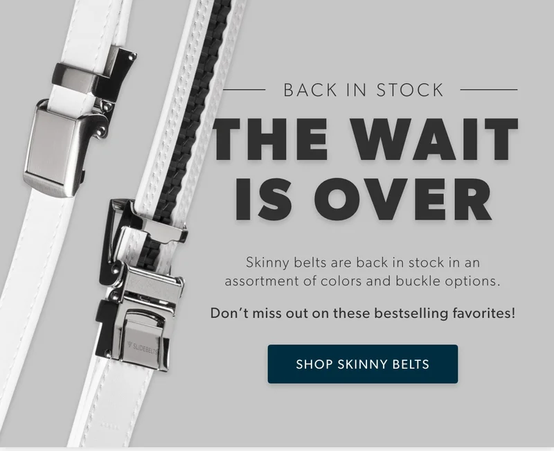 Skinny belts are back in stock in an assortment of colors and buckle options.