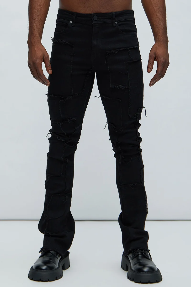 Image of Frayed Patches Stacked Skinny Flare Jeans - Black