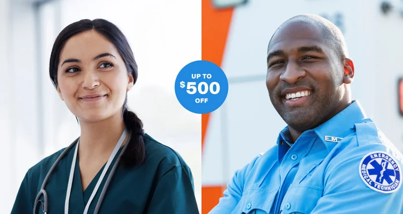 Up to $500 off. Images of medical professionals at work.