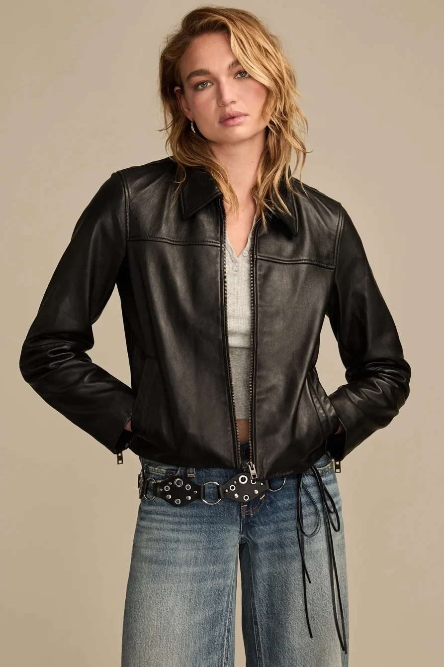 Image of Lucky Brand Zip Up Leather Jacket - Women's Clothing Outerwear Jackets Coats in #001 Black