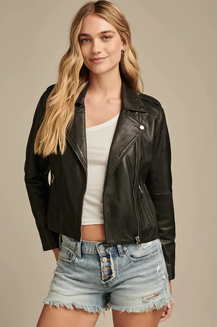 Image of Lucky Brand Classic Leather Moto Jacket - Women's Clothing Outerwear Jackets Coats in Washed Black