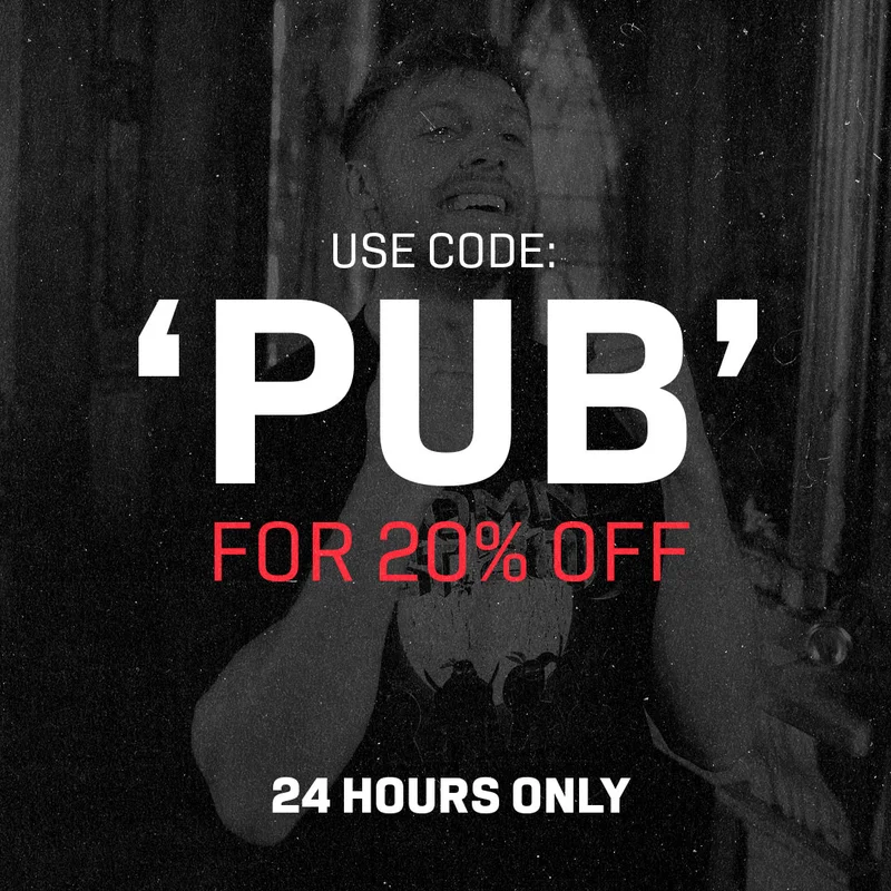 Graphic showing code PUB FOR 20% OFF
