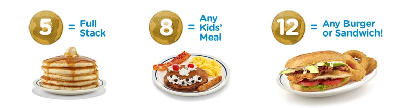 5 PanCoins℠ = Short Stack | 8 PanCoins℠ = Kids’ Meal | 12 PanCoins℠ = Burger or Sandwich