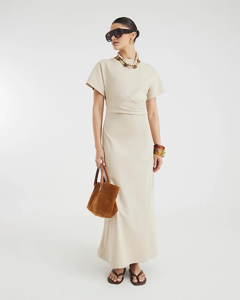 Womens Beige Short Sleeve Drape Side Midi Dress