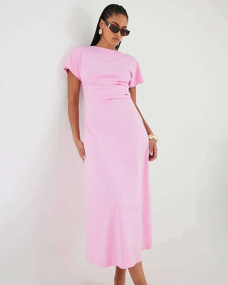 Womens Pink Short Sleeve Drape Side Midi Dress