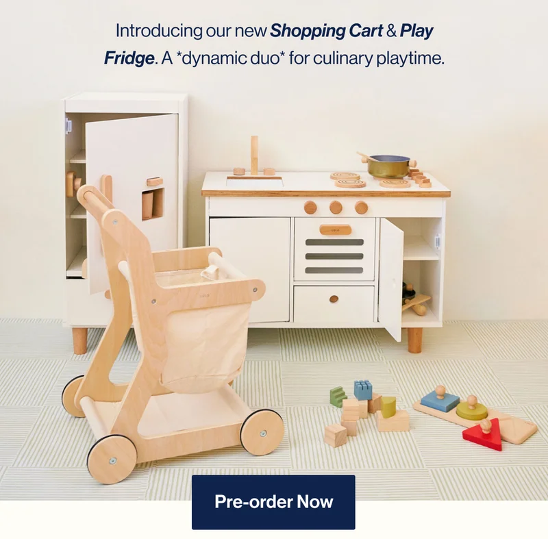 Introducing our new Shopping Cart & Play Fridge. A *dynamic duo* for culinary playtime.  Pre-order Now