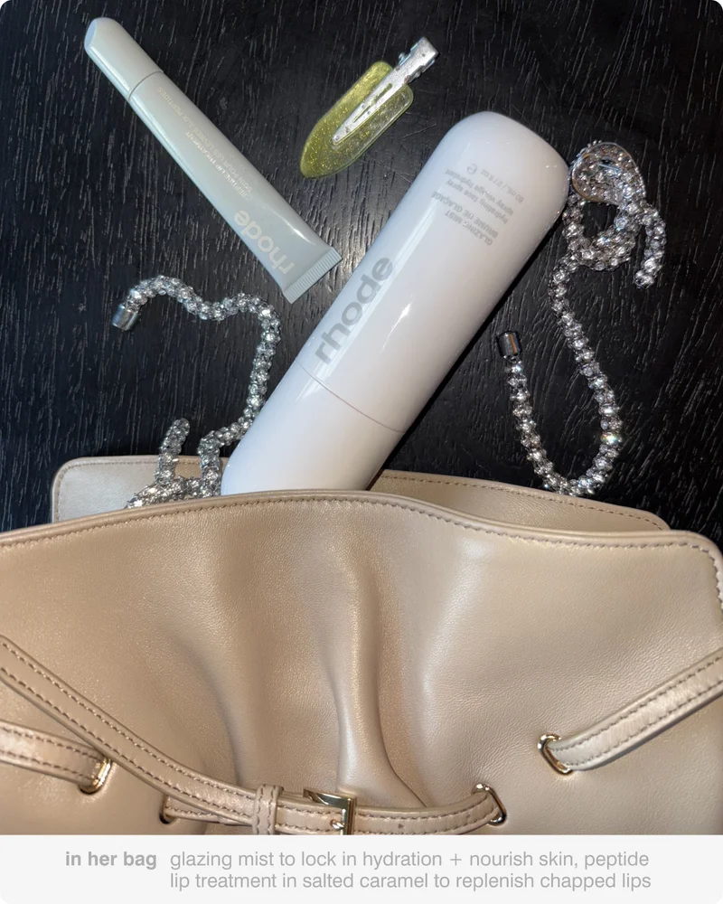in her bag: glazing mist to lock in hydration +&nbsp;nourish skin​, peptide lip treatment in salted caramel to replenish chapped lips ​