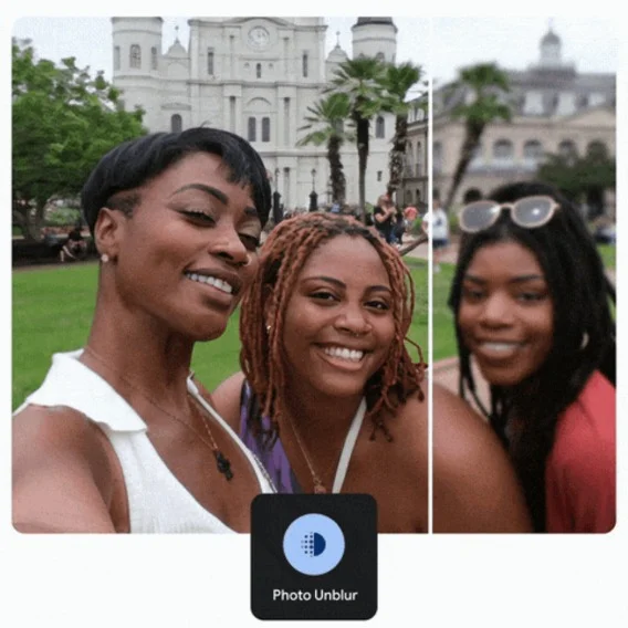 a picture of three people and the words 'photo unblur'