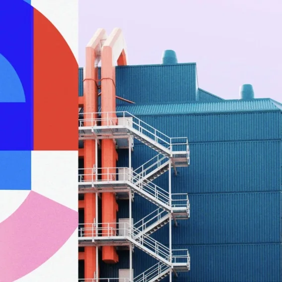 an illustrated box showing a business factory with stairs
