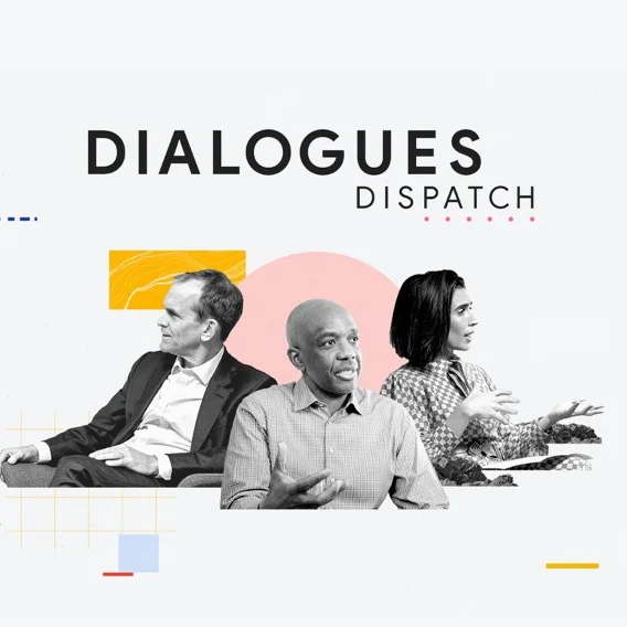 three people engaged in conversation under the words 'Dialogues Dispatch'