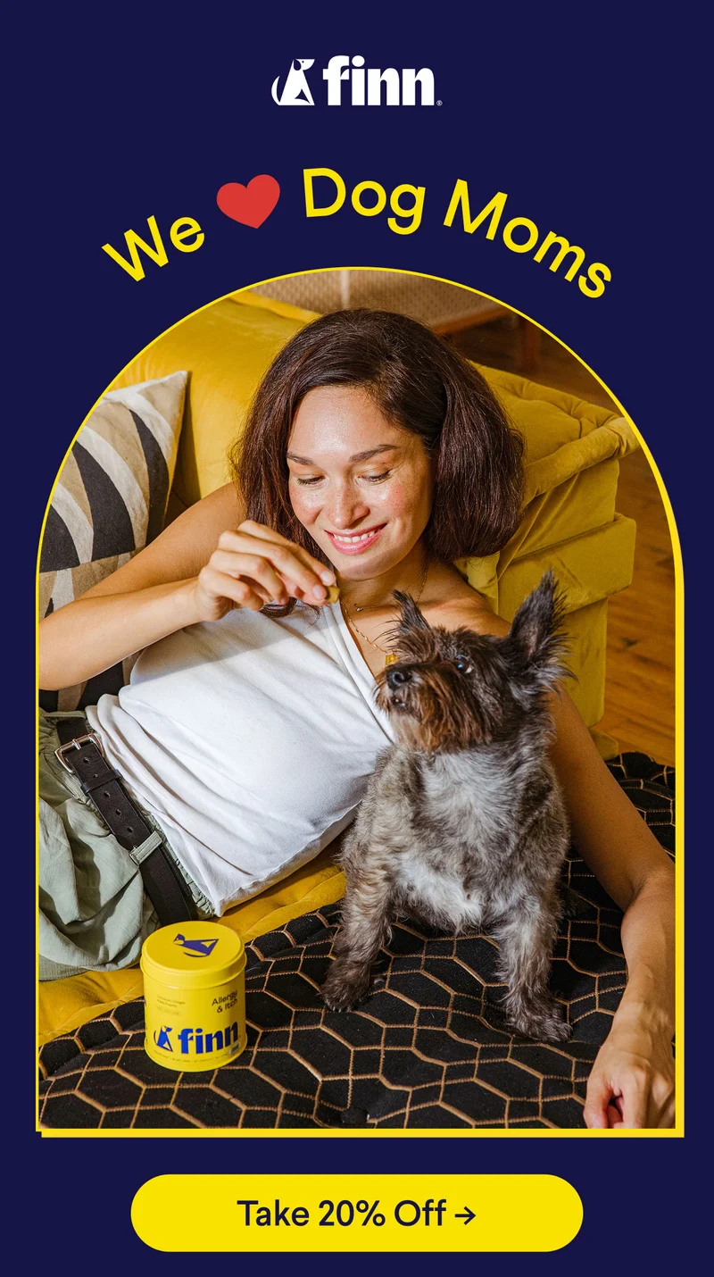 Finn Logo. We [heart] Dog Moms. CTA: Take 20% Off