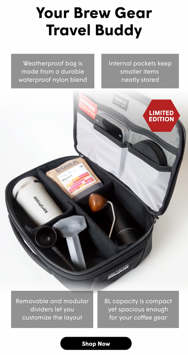 Your Brew Gear Travel Buddy Weatherproof bag is made from a durable waterproof nylon blend Internal pockets keep smaller items  neatly stored LIMITED EDITION Removable and modular dividers let you customize the layout 8L capacity is compact yet spacious enough for your coffee gear [SHOP NOW]