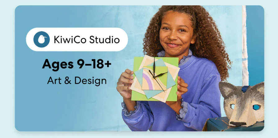 Smiling teen holding a colorful KiwiCo art and design project. Inspires creativity for ages 9–18+ Smiling teen holding a colorful KiwiCo art and design project. Inspires creativity for ages 9–18+