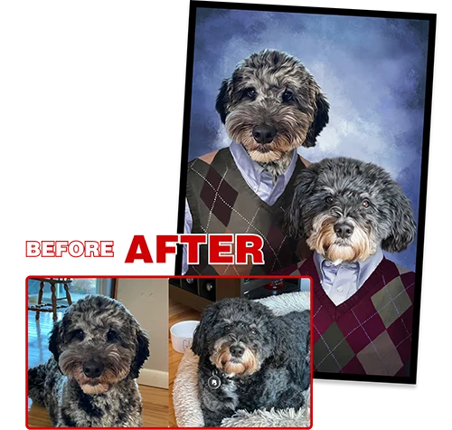 Before and After - Customer photos of their two pets with the finished pet portrait