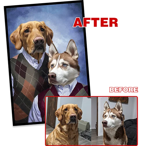 Before and After - Customer photos of their two pets with the finished pet portrait