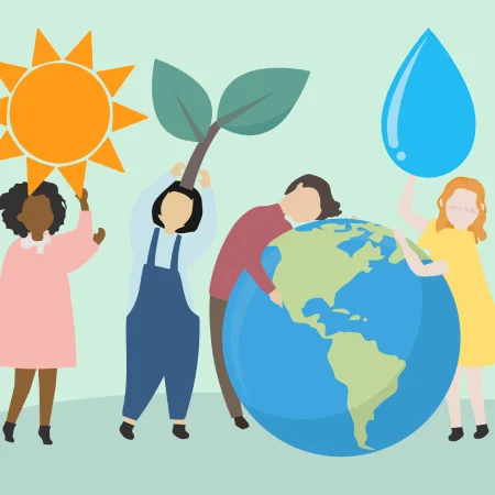 A flat vector illustration of four diverse people holding symbols of nature: a sun, sprout, globe, and water droplet. To represent environmental care and global cooperation.
