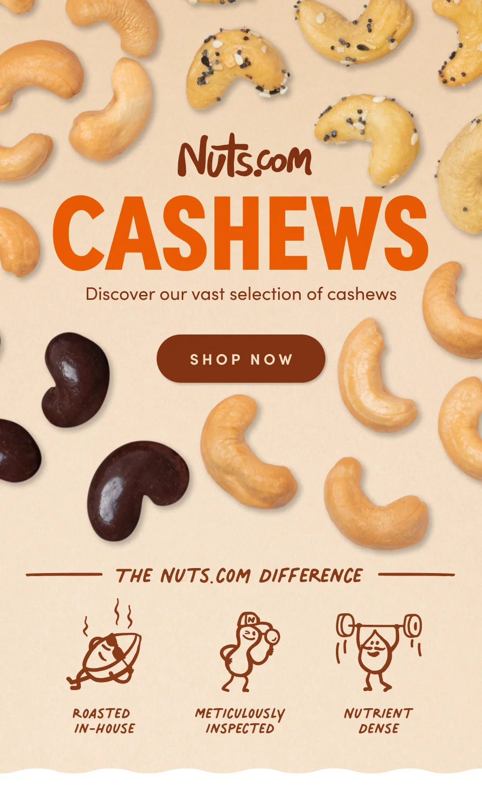 Nuts.com; Cashews; Discover our vast selection of cashews CASHEWS SHOP NOW