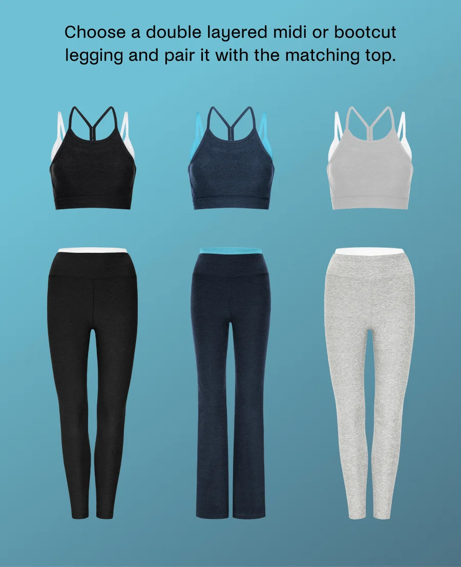Choose a double layered midi or bootcut legging and pair it with the matching top.