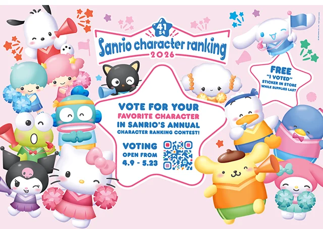 Sanrio Character Ranking 2026. Vote for your favorite character in Sanrio's Annual Character Ranking Contest. Voting open from 4/9 to 5/23. Free "I Voted" sticker in store while supplies last.