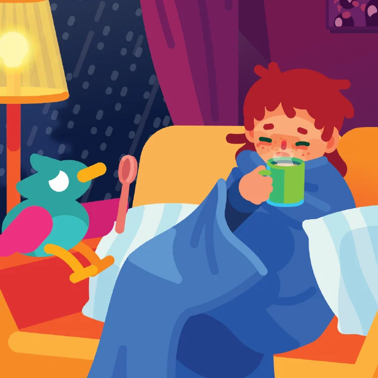 Illustration of a sick person under a blanket, and a sad birb taking care of them