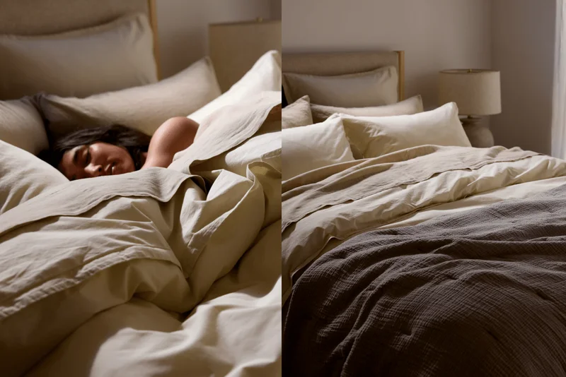 Replace crisp white sheets with warm neutrals.