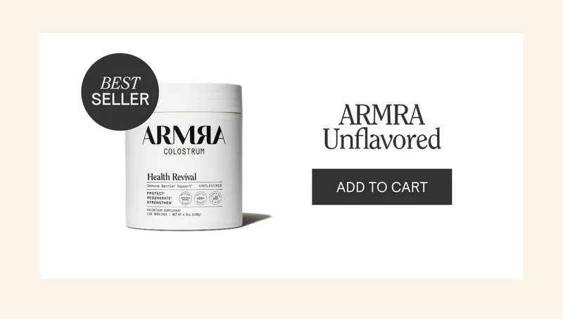 ARMRA Unflavored Colostrum container labeled ‘Health Revival,’ with a Best Seller badge and an Add to Cart button.