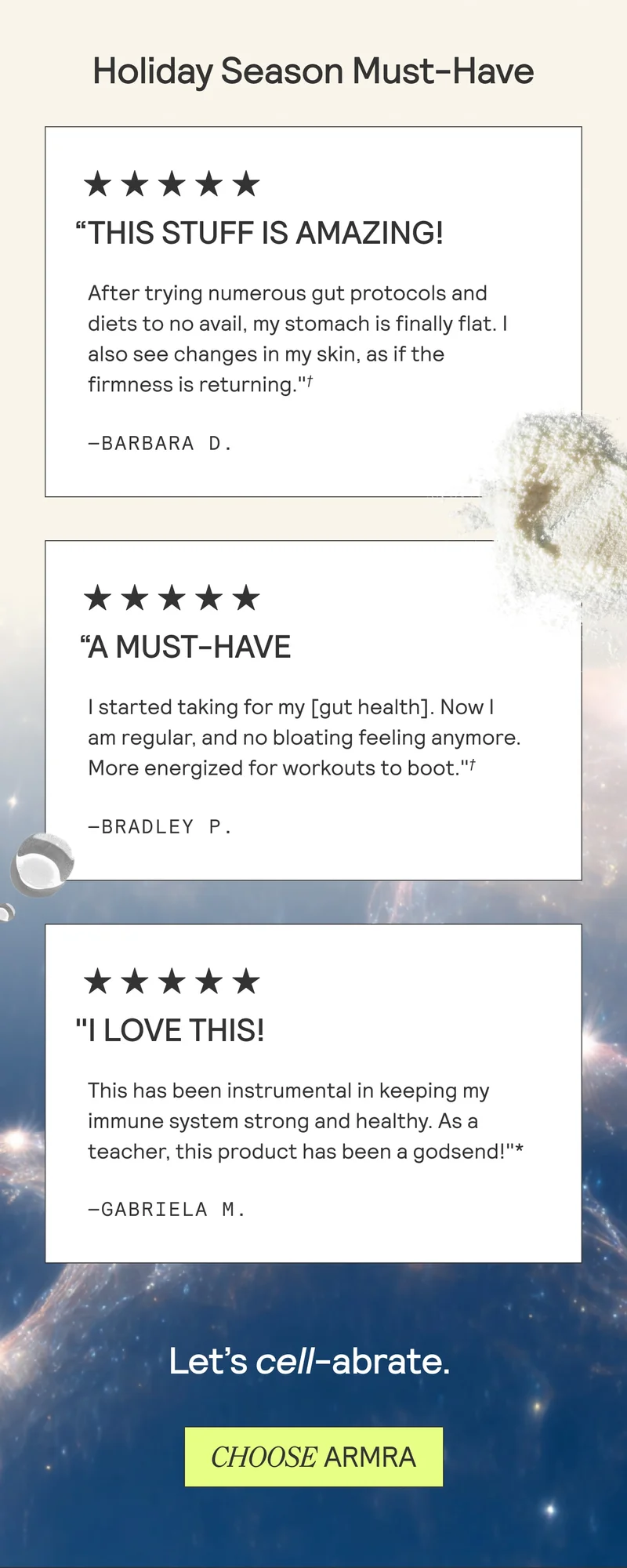 Three customer review cards with five-star ratings praising ARMRA’s effects on gut health, energy, and immune support.