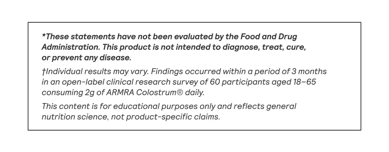 Text box with FDA disclaimer and clinical survey note about ARMRA colostrum.
