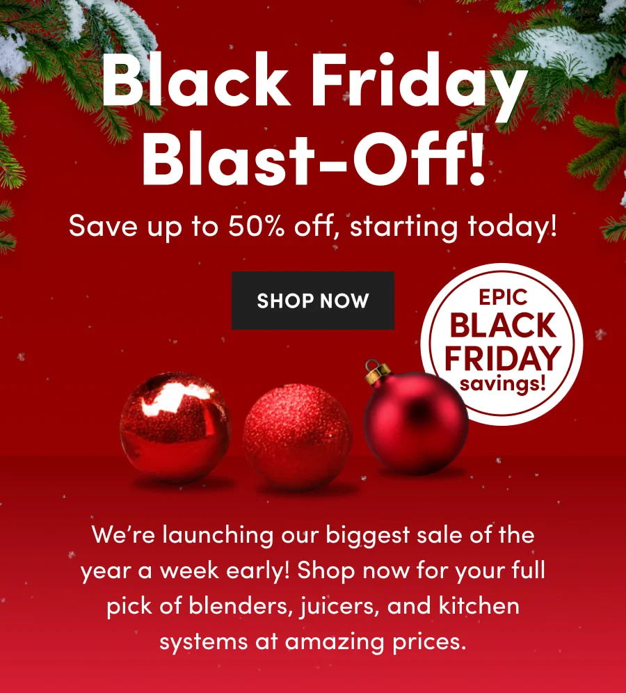 The nutribullet holiday sale offers 25%–50% off on everything from 11/20 to 12/4, featuring Christmas ornaments against a festive red background.
