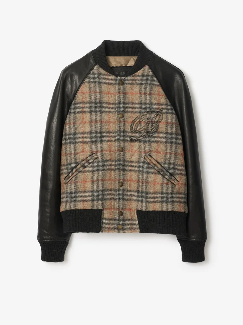 Check Wool and Leather Bomber Jacket