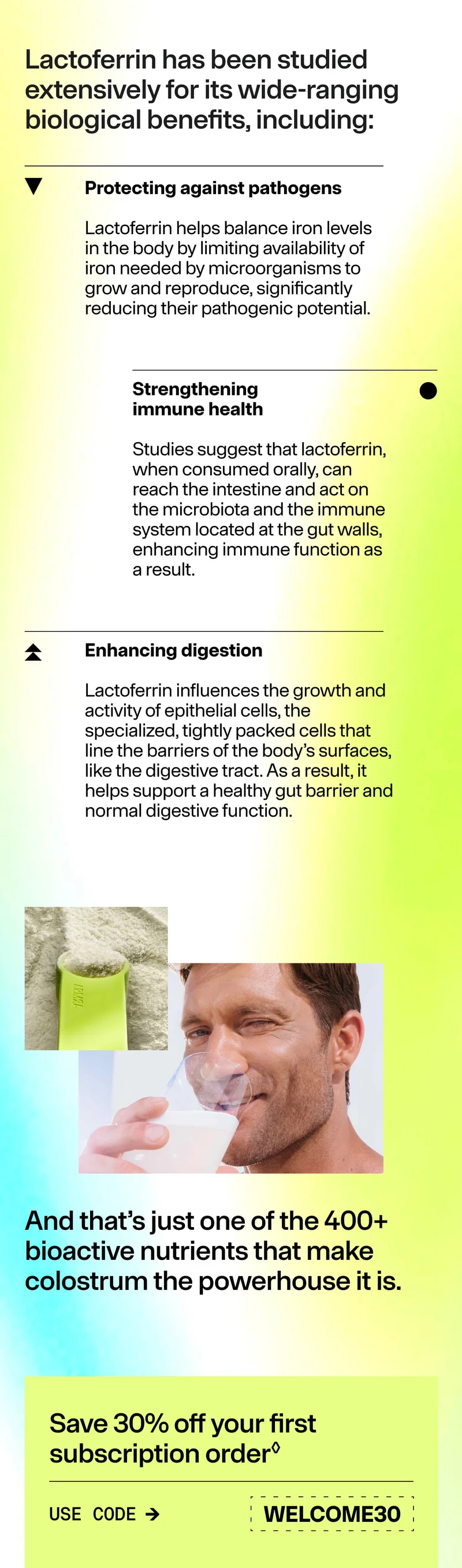 Text outlining lactoferrin’s role in pathogen protection, immune support, and digestion.