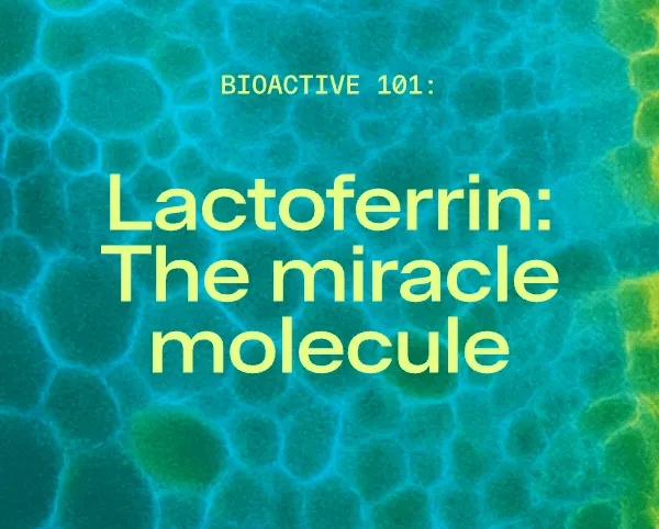 Animated graphic with cellular texture reading “Lactoferrin: The miracle molecule.”