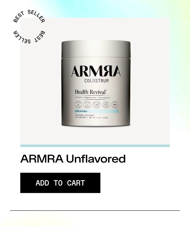 ARMRA Unflavored Colostrum container shown on a light background with “Add to Cart” button.