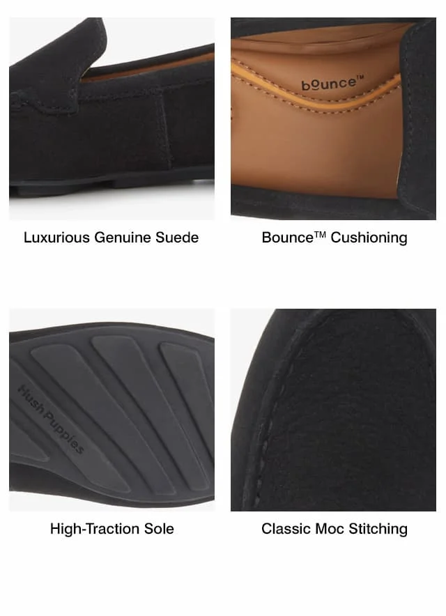 A close-up of the side of the Ozzie Loafer in Black. A close-up of the round toe and stitching on the Ozzie Loafer in Black suede. The text says Classic Moc Stitching. A close-up of the plush signature cushioning. The text says BounceTM Cushioning.  The text says Luxurious Genuine Suede. The driver sole on the Ozzie. The text says High-Traction Sole.