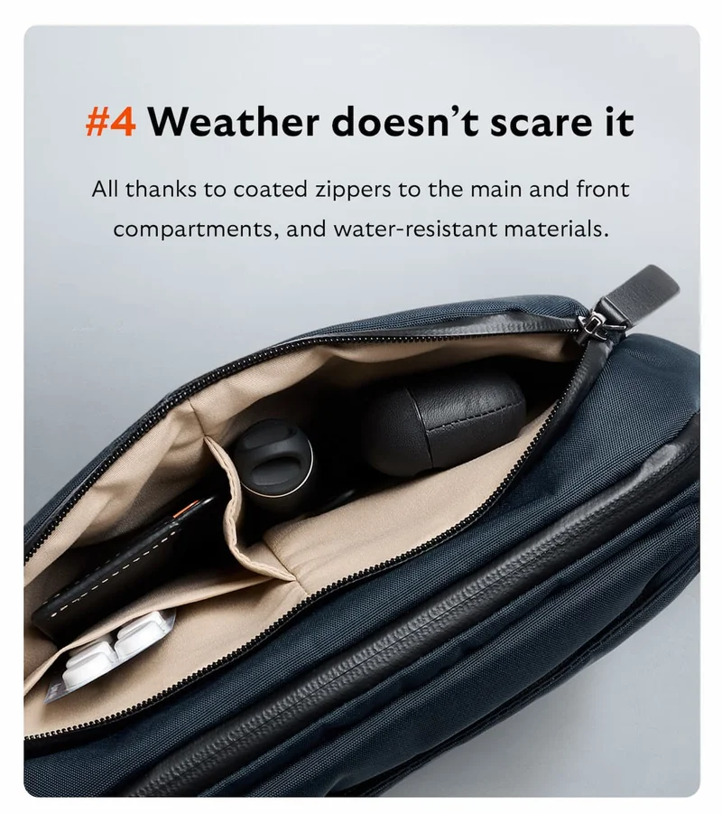 #4 Weather doesn’t scare it. All thanks to coated zippers to the main and front compartments, and water-resistant materials.