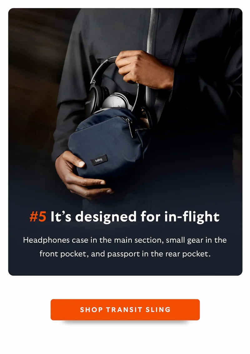 #5 It’s designed for in-flight. Headphones case in the main section, small gear in the front pocket, and passport in the rear pocket.
