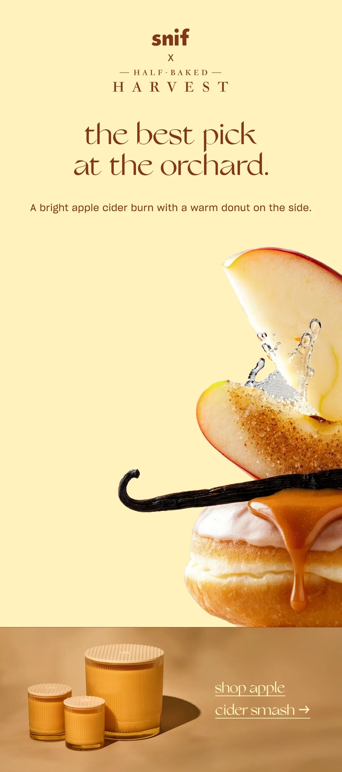 A bright apple cider burn with a warm donut on the side.