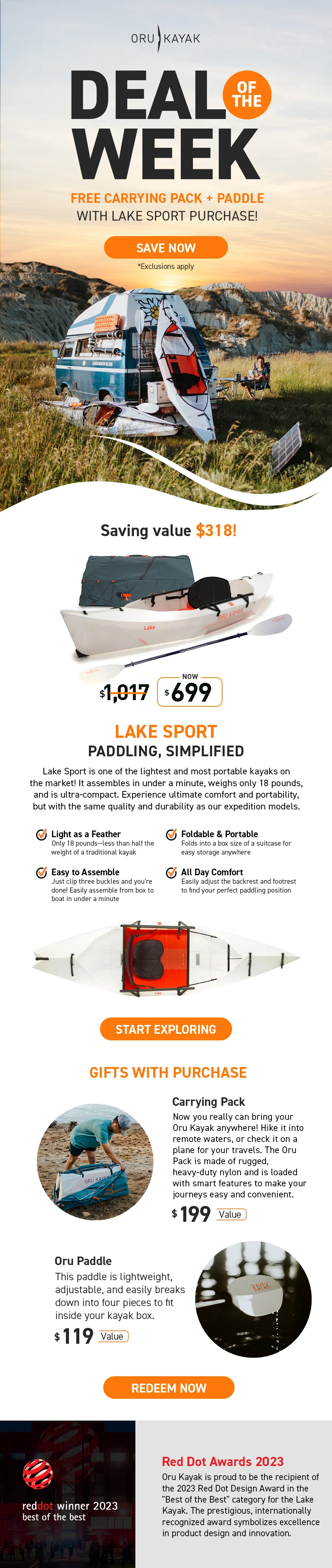 New Deal of the Week! Get a Free Paddle + Carrying Pack ($318 Value) with Lake Sport Purchase