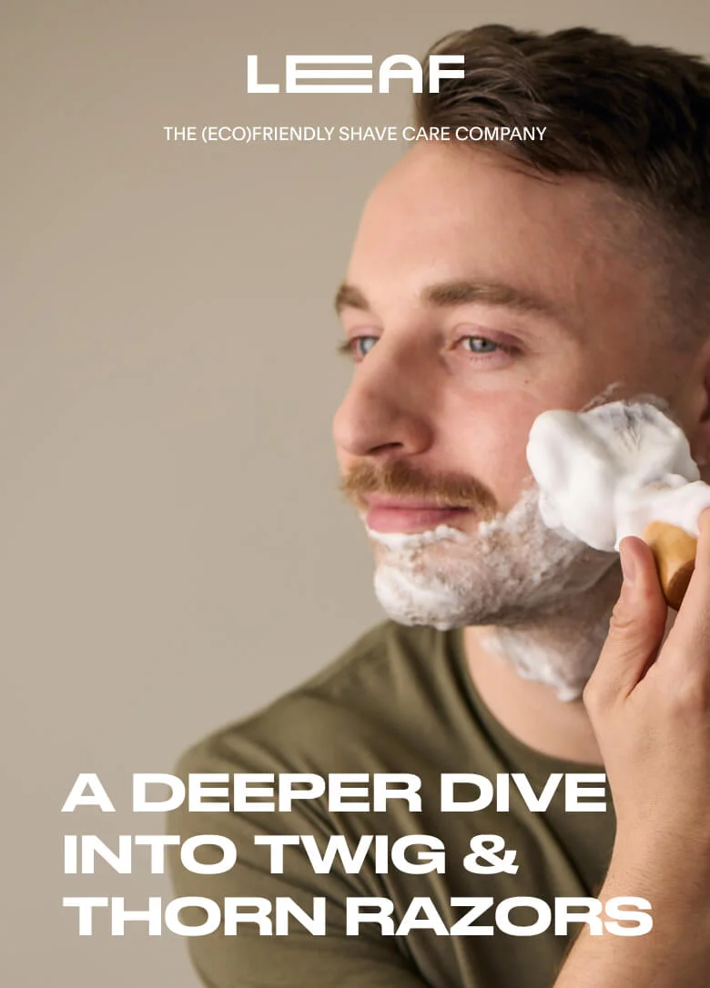 LEAF logo, the eco friendly shave company, three people in athletic wear holding leaf shave razors