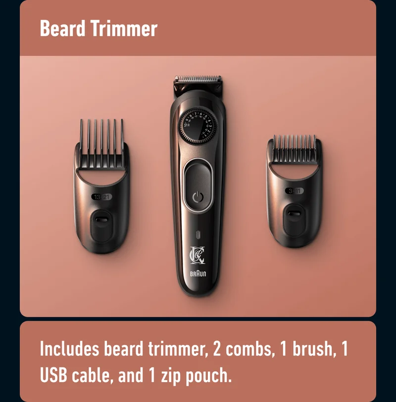 Beard Trimmer - Includes beard trimmer, 2 combs, 1 brush, 1 USB cable, and 1 zip pouch.