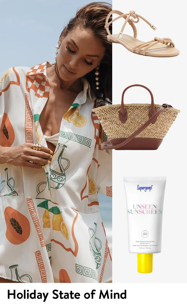 A woman wearing a fruit-print romper; a sandal, woven tote and bottle of sunscreen.
