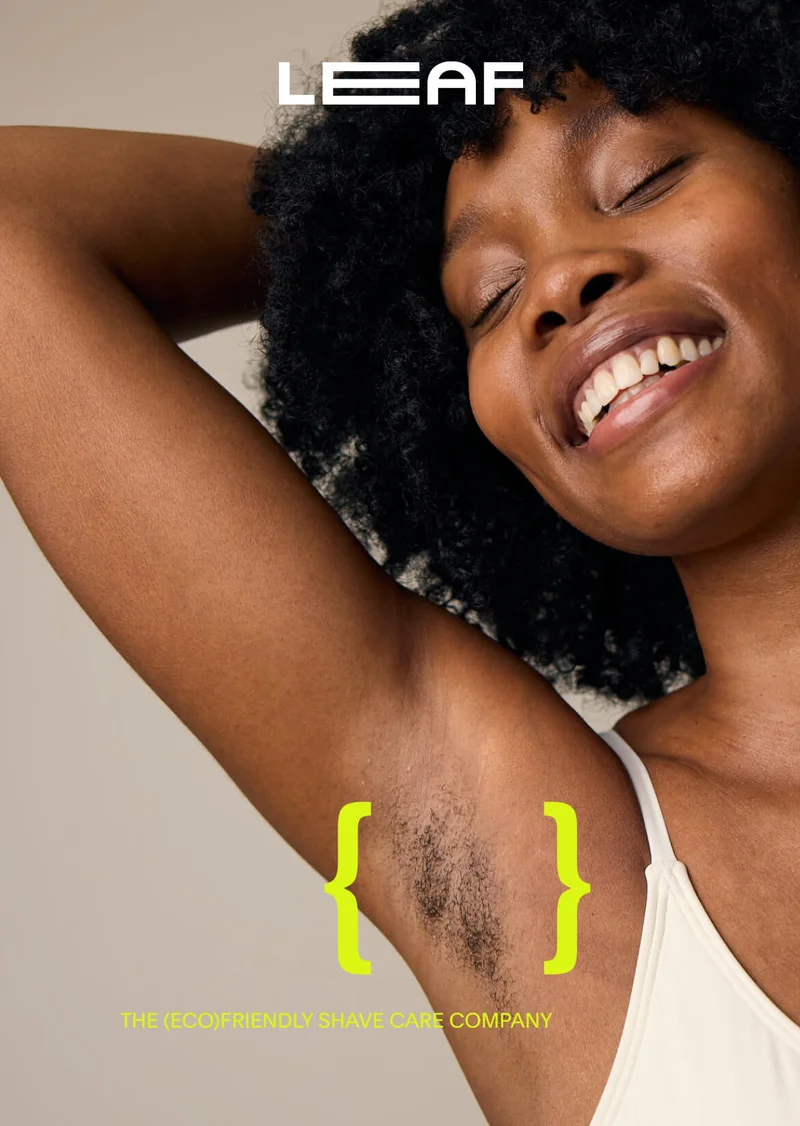 LEAF logo, the eco friendly shave company, three people in athletic wear holding leaf shave razors